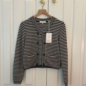 Frame Denim Black and White Striped Knit Cardigan